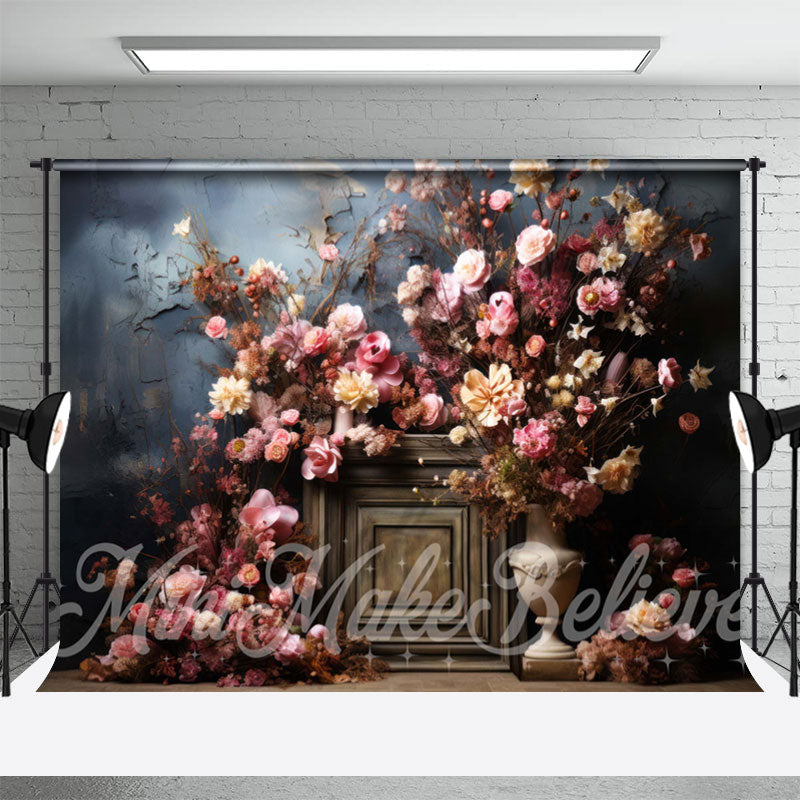 Lofaris Old Masters Blue Wall Pink Flowers Fine Art Backdrop