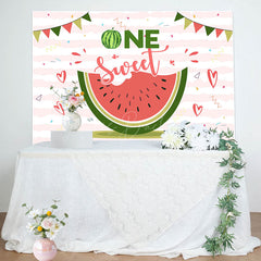 Lofaris One Sweet Melon White Pink Stripe Birthday Backdrop