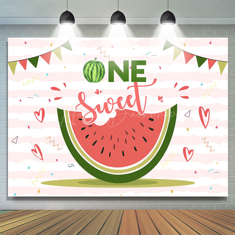 Lofaris One Sweet Melon White Pink Stripe Birthday Backdrop