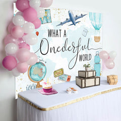 Lofaris Onederful World Map Globe Airplane Birthday Backdrop