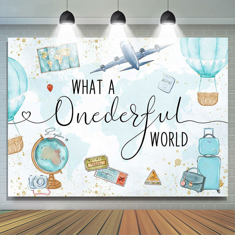 Lofaris Onederful World Map Globe Airplane Birthday Backdrop