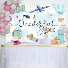 Lofaris Onederful World Map Globe Airplane Birthday Backdrop