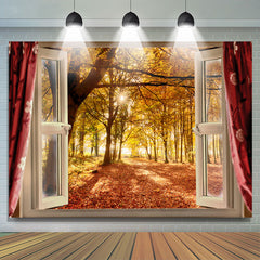 Lofaris Open Window Sunshine Yellow Autumn Forest Backdrop