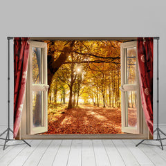 Lofaris Open Window Sunshine Yellow Autumn Forest Backdrop