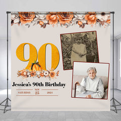 Lofaris Orange Beige Floral Custom Photo 90th Birthday Backdrop