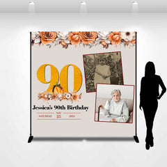 Lofaris Orange Beige Floral Custom Photo 90th Birthday Backdrop