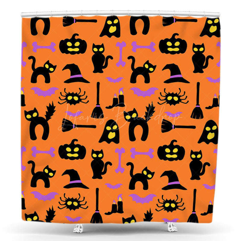 Lofaris Orange Black Cats Pumpkins Halloween Shower Curtain