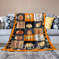 Lofaris Orange Black Plaid Halloween Custom Name Blanket