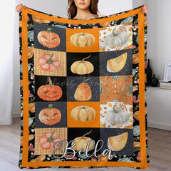 Lofaris Orange Black Plaid Halloween Custom Name Blanket