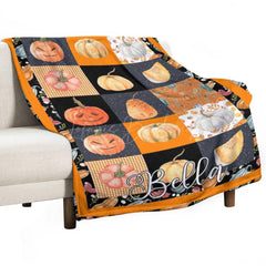 Lofaris Orange Black Plaid Halloween Custom Name Blanket