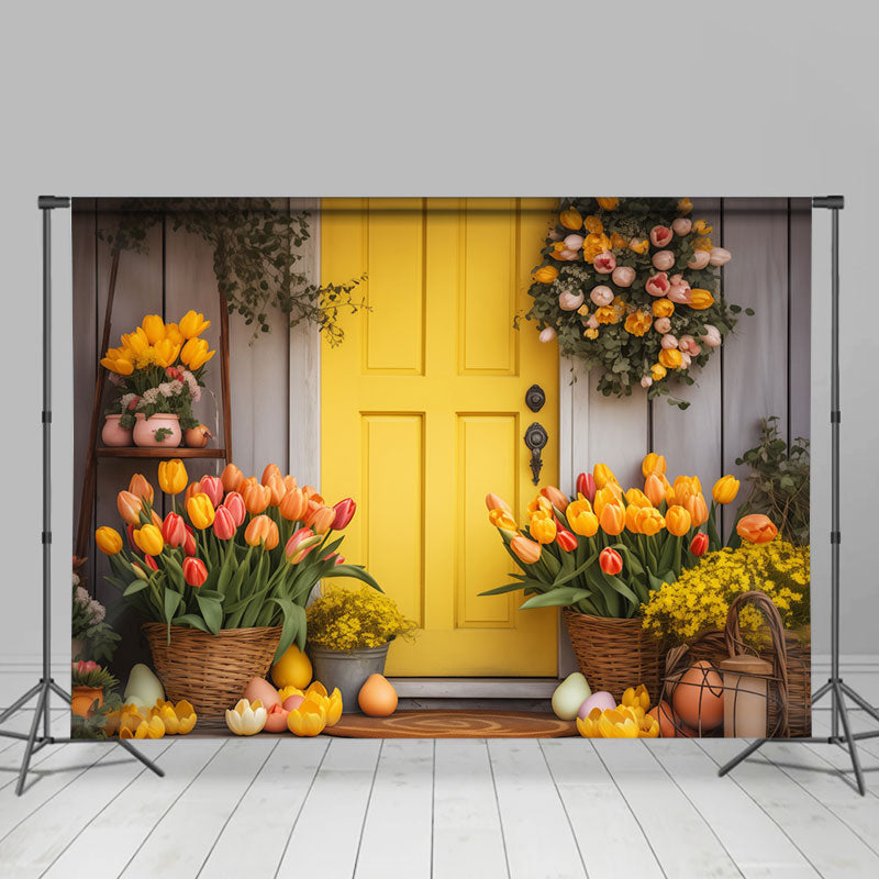 Lofaris Orange Color Floral Wood Door Eggs Easter Backdrop