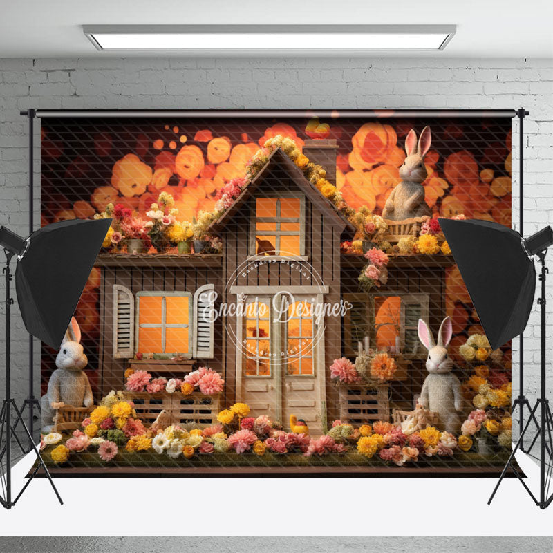 Lofaris Orange Floral Rabbits Wood House Easter Backdrop