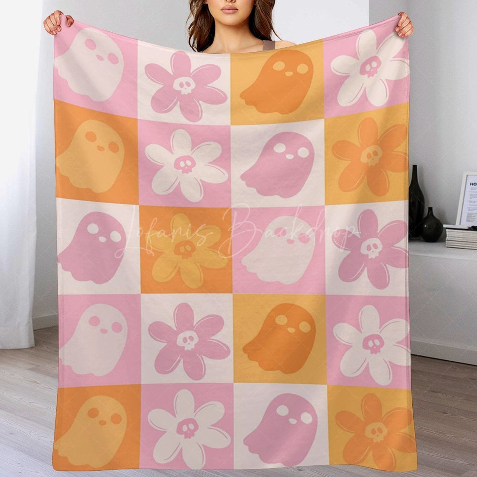 Lofaris Orange Pink Plaid Floral Halloween Custom Blanket