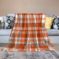 Lofaris Orange White Plaid Fall Hello Pumpkin Custom Blanket