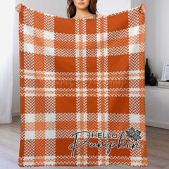 Lofaris Orange White Plaid Fall Hello Pumpkin Custom Blanket