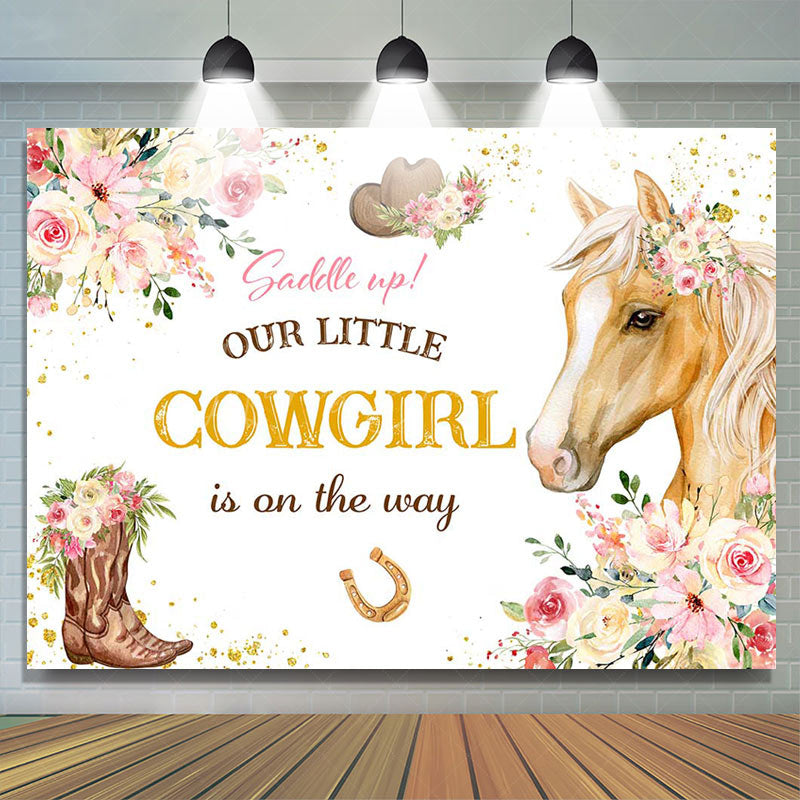 Lofaris Our Little Cowgirl Floral Horse Baby Shower Backdrop