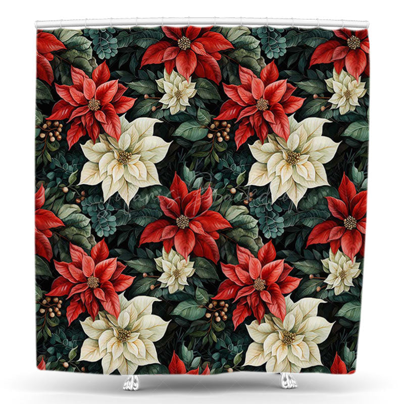 Lofaris Painted Greenery Red White Floral Shower Curtain