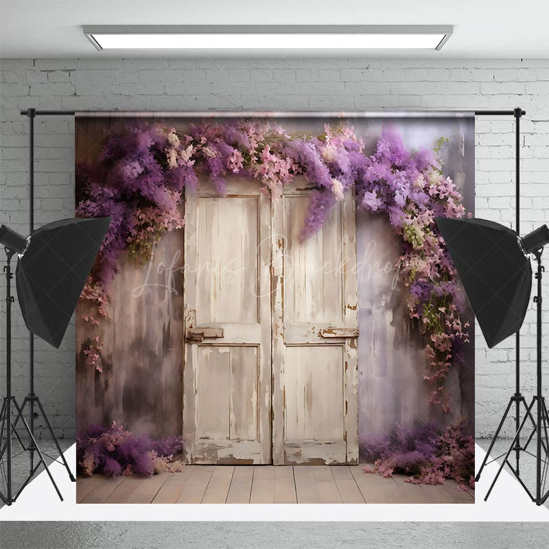 Lofaris Painted Shabby Door Purple Floral Photo Backdrop