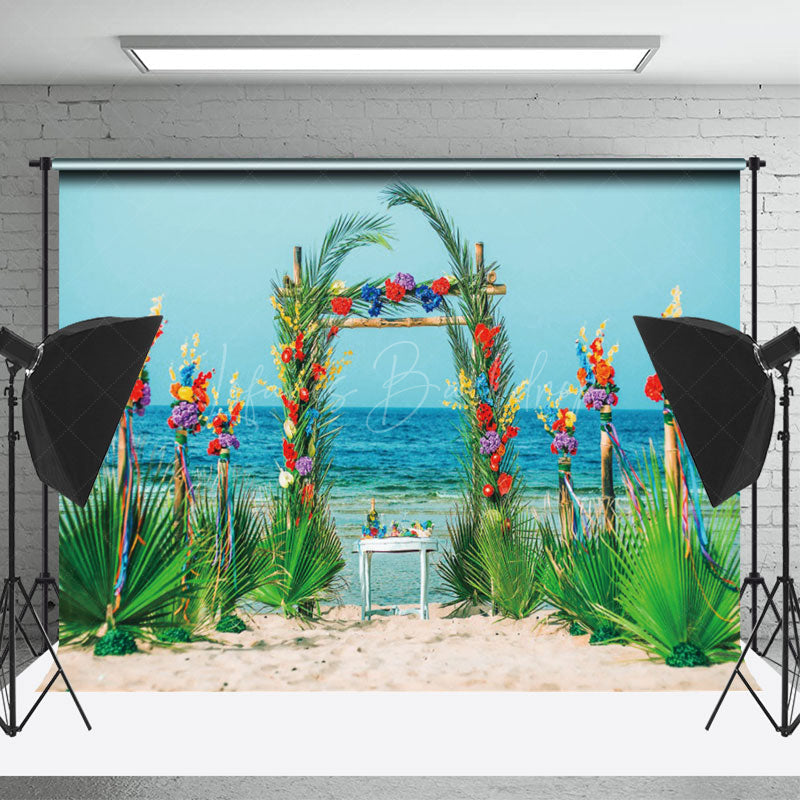 Lofaris Palm Leaves Arch Sandy Beach Summer Photo Backdrop