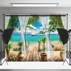 Lofaris Palm Tree Curtain Sea Beach Summer Photo Backdrop