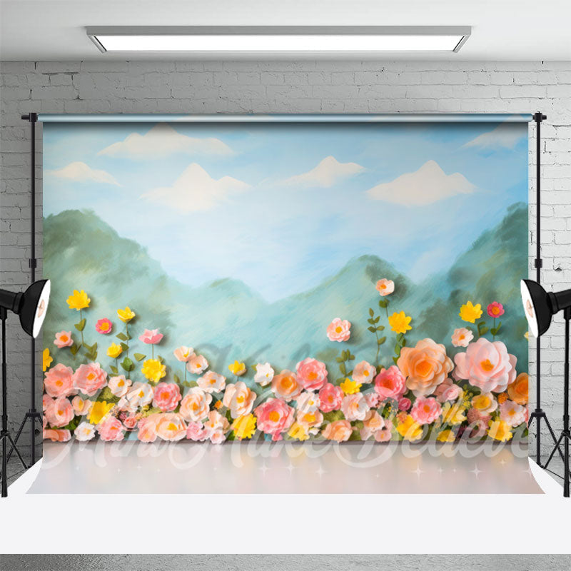 Lofaris Paper Flowers Mountain Birthday Cake Smash Backdrop