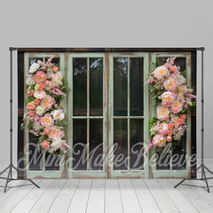 Lofaris Pastoral Green Wooden Window Pink Flowers Backdrop