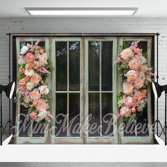 Lofaris Pastoral Green Wooden Window Pink Flowers Backdrop