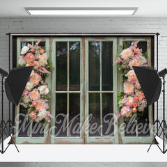 Lofaris Pastoral Green Wooden Window Pink Flowers Backdrop