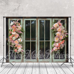 Lofaris Pastoral Green Wooden Window Pink Flowers Backdrop