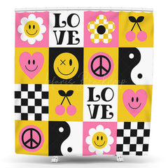 Lofaris Peace Love Floral Heart Cherry Plaid Shower Curtain