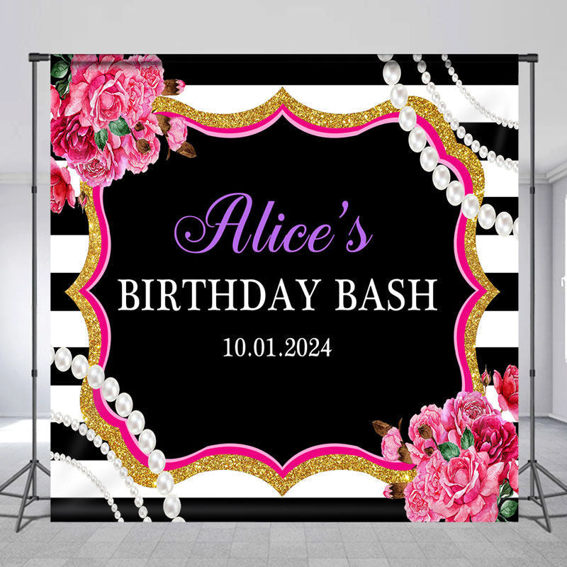 Lofaris Pearl Flower Black White Custom Birthday Backdrop