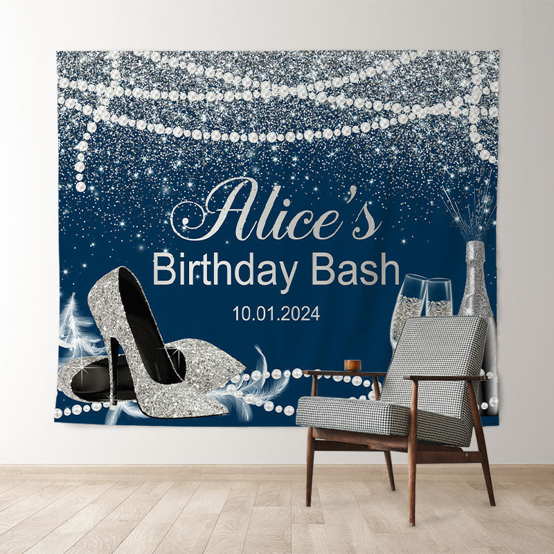 Lofaris Pearls High Heel Glitter Blue Custom Birthday Backdrop