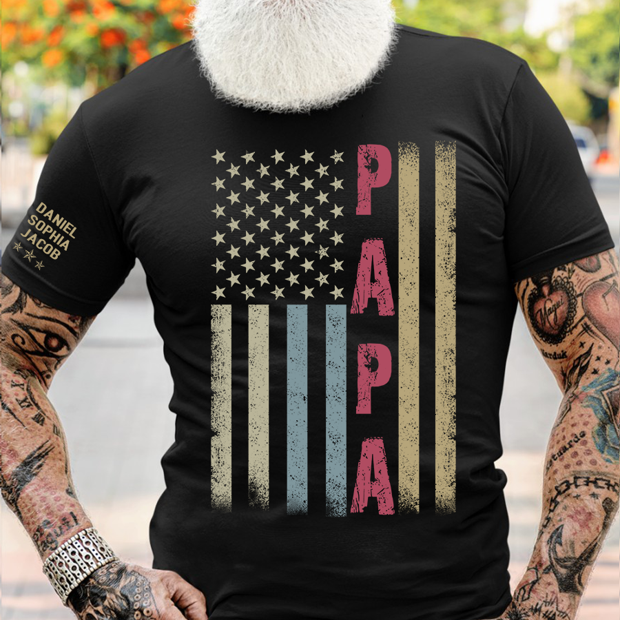 Lofaris Personalized America Flag Papa And Kid Family T - Shirt