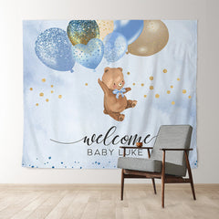 Lofaris Personalized Bear Balloon Blue Baby Shower Backdrop