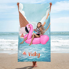 Lofaris Personalized Bikini Flamingo Ring Beach Towel With Face