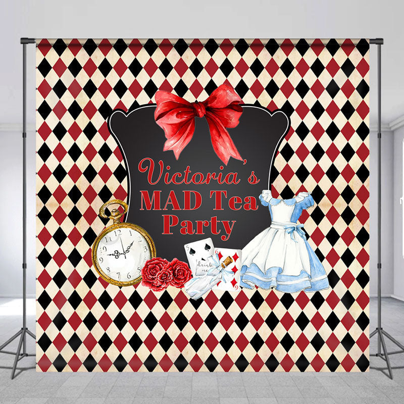 Lofaris Personalized Black Red Diamond Mad Tea Party Backdrop