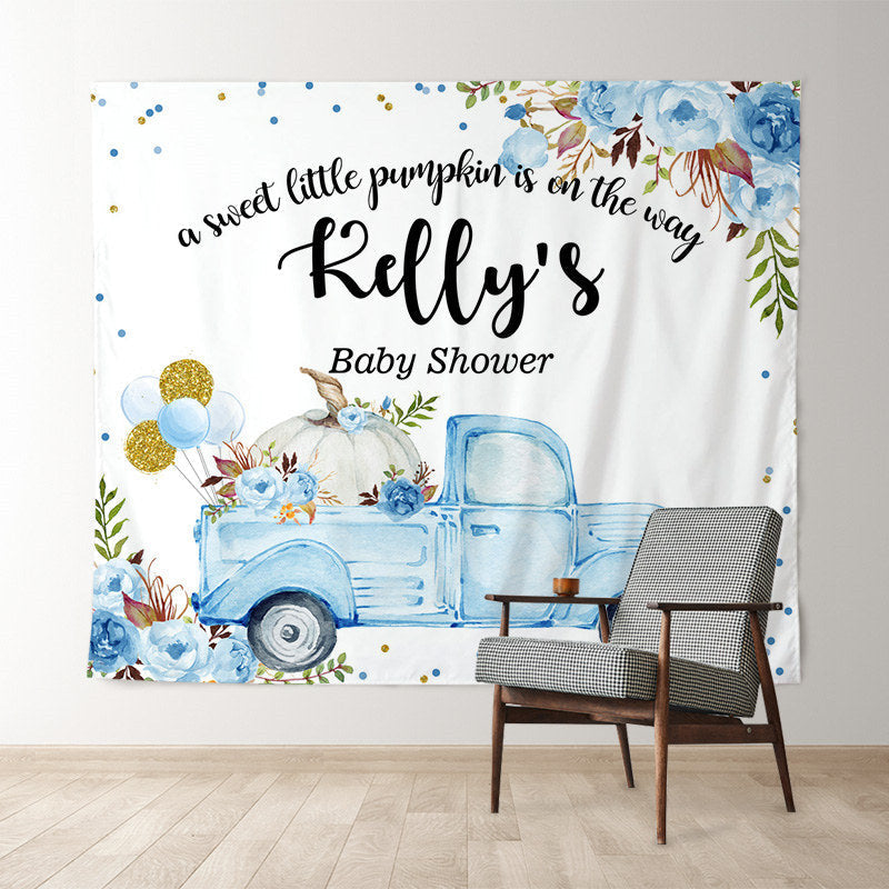 Lofaris Personalized Blue Truck Floral Baby Shower Backdrop