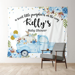 Lofaris Personalized Blue Truck Floral Baby Shower Backdrop