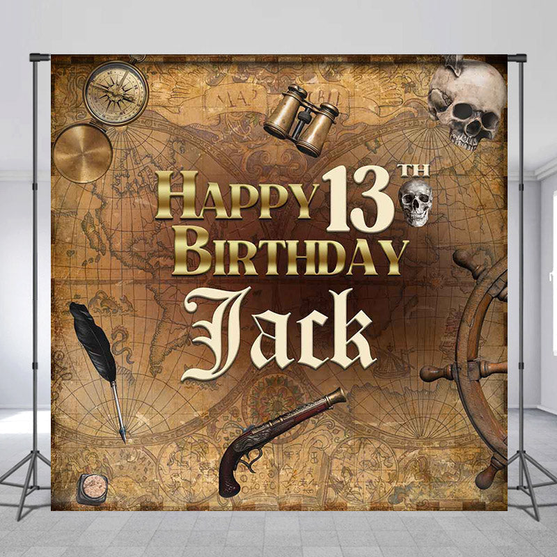 Lofaris Personalized Brown Pirates Boy 13th Birthday Backdrop