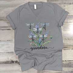 Lofaris Personalized Dragonfly Flower Nana Kids V-Neck T-Shirt