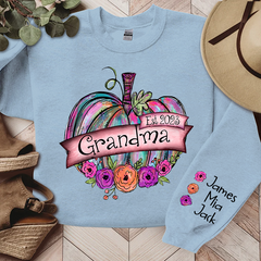 Lofaris Personalized Grandma Est Painted Pumpkin with florals And Grandkids CL01 Sweatshirt