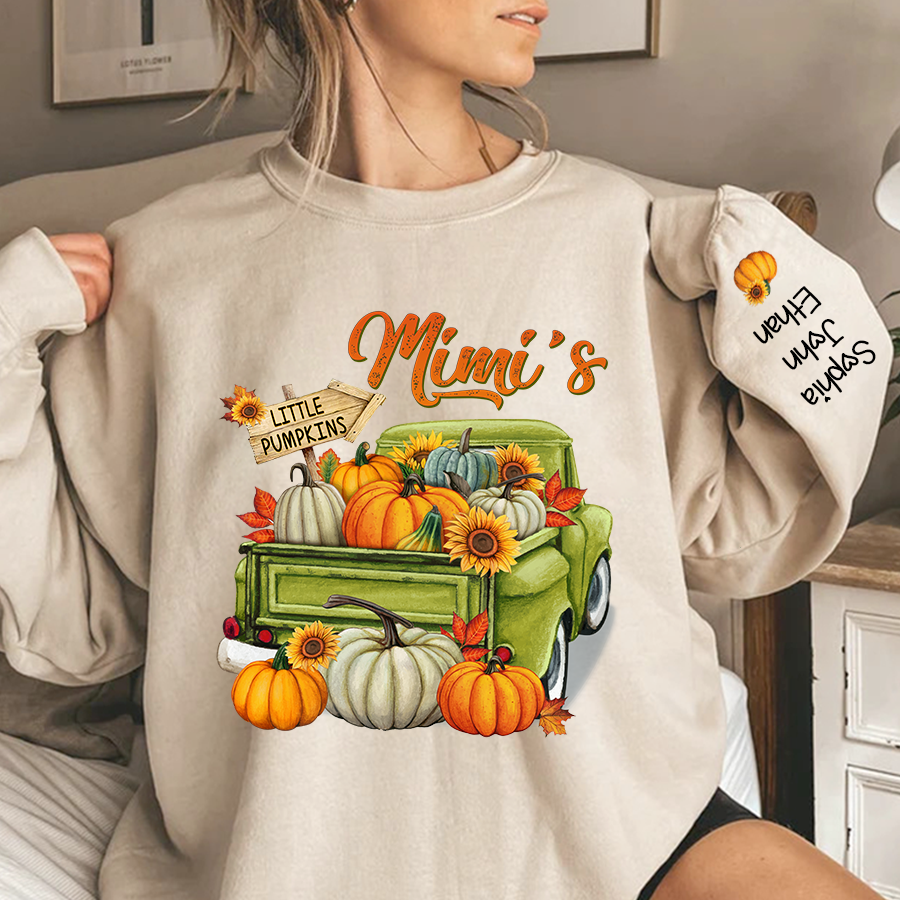 Lofaris Personalized Fall Season Green Truck Mimi And Grandkids Autumn Sweatshirt