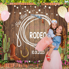 Lofaris Personalized First Redeo Brown Wood Birthday Backdrop