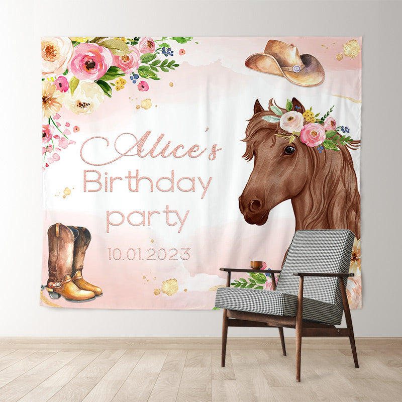 Lofaris Personalized Floral Cowgirl Pink Birthday Backdrop