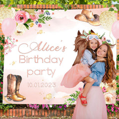 Lofaris Personalized Floral Cowgirl Pink Birthday Backdrop