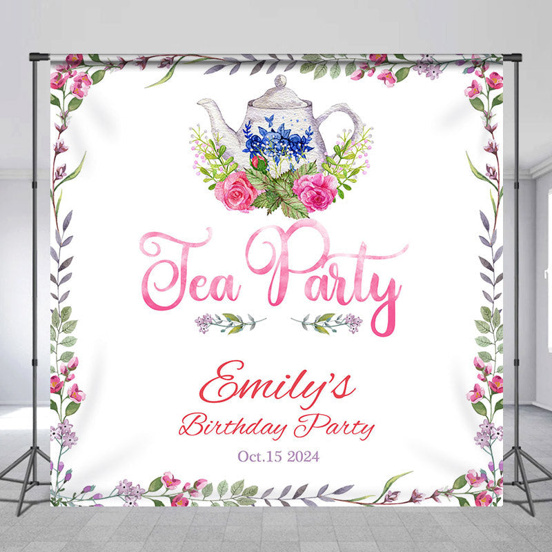 Lofaris Personalized Floral Tea Theme White Birthday Backdrop