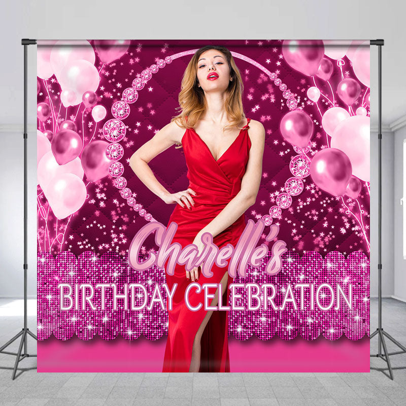 Lofaris Personalized Glitter Pink Balloon Birthday Backdrop