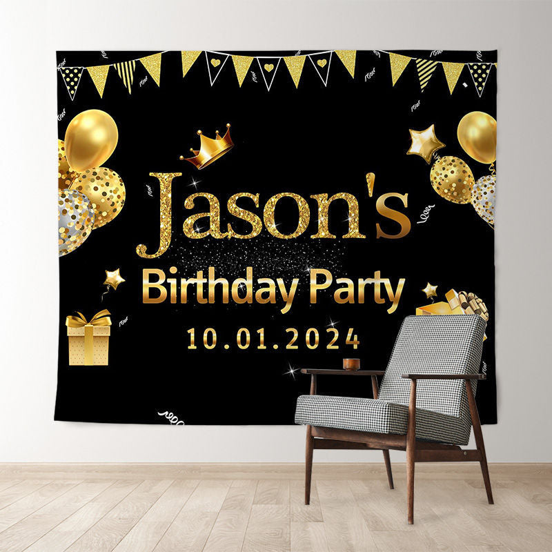 Lofaris Personalized Gold Balloons Black Birthday Backdrop