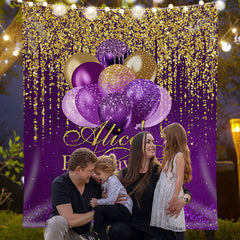 Lofaris Personalized Gold Glitter Purple Birthday Backdrop