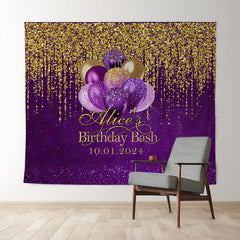 Lofaris Personalized Gold Glitter Purple Birthday Backdrop